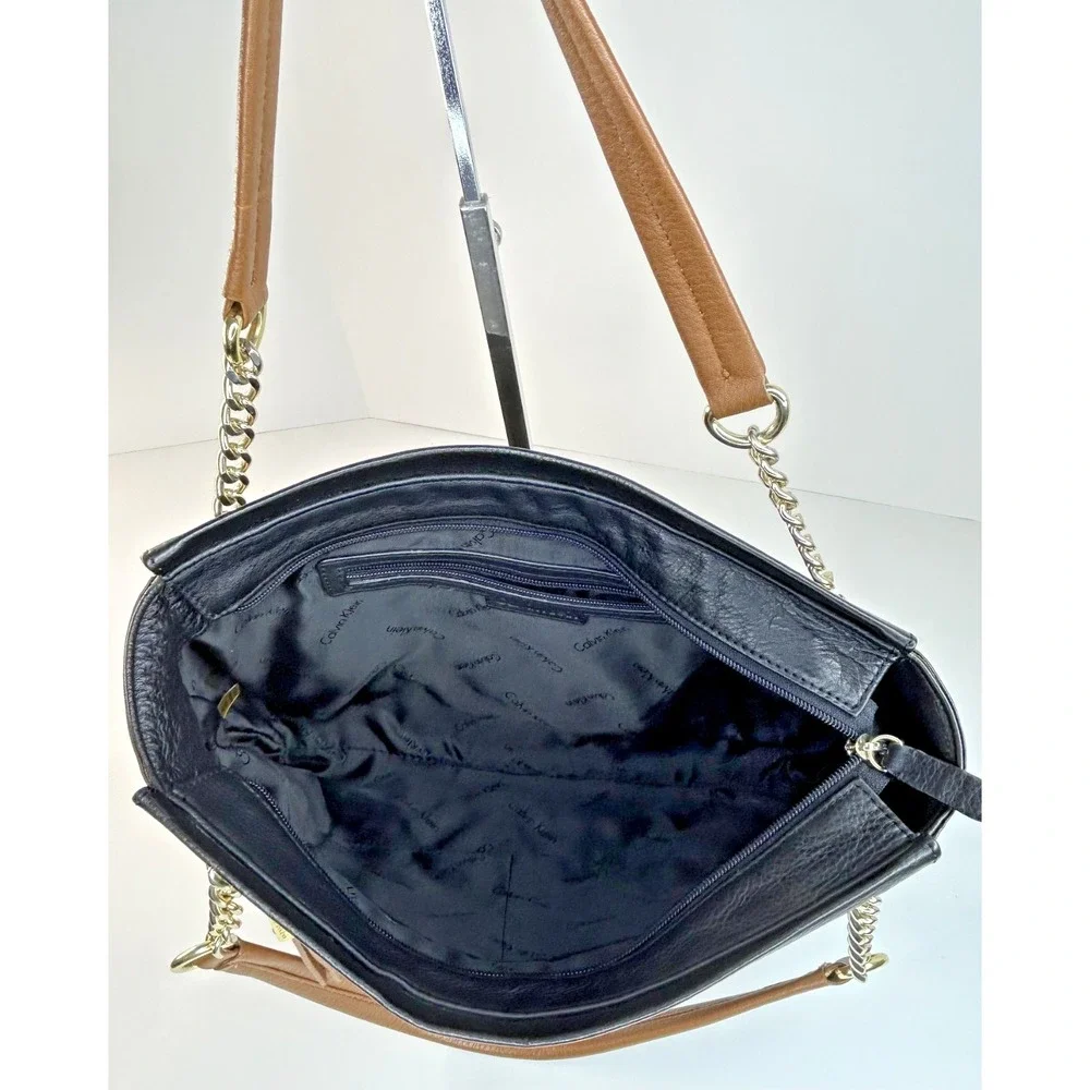 Calvin Klein Black Brown Leather Shoulder Bag Medium Quilted Chain Satchel Purse